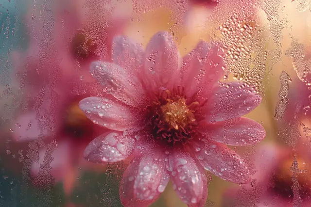 A pink flower covered with water droplets is viewed through foggy glass with soft colorful bokeh behind it.