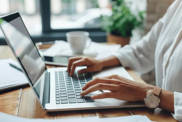 Businesswoman’s hands type on a laptop at a cafe table with documents and a smartphone nearby.