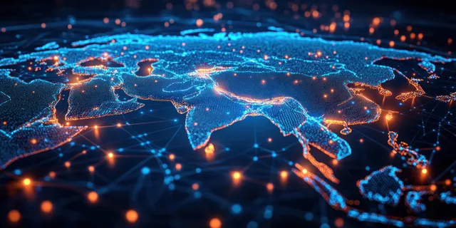 Neon cyberpunk Asia network map with glowing data routes across a dark digital Earth