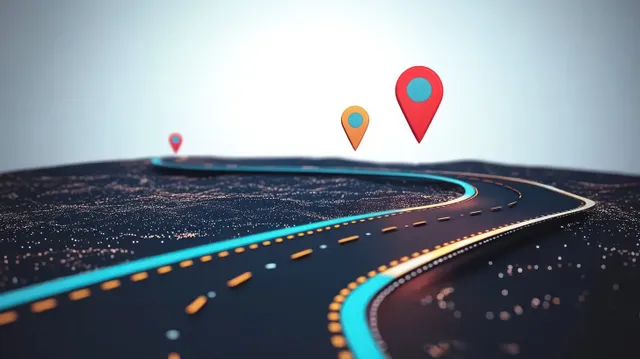 Curved neon highway with floating location pins above a digital terrain, showing route guidance.