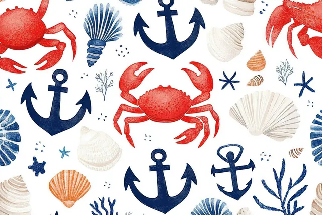Red crabs, navy anchors, seashells, starfish, and seaweed repeat across a white seamless nautical pattern.