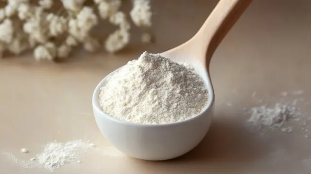 A wooden spoon scoops fine white flour from a small white bowl on a kitchen counter with scattered powder nearby.