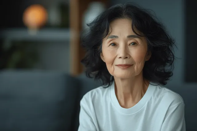 Smiling Asian senior woman in white t-shirt studio portrait with soft light