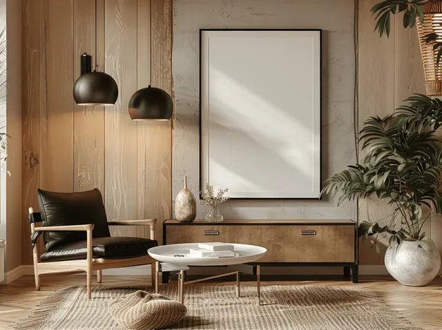 Scandinavian living room featuring a blank wall poster frame above a black leather armchair and round coffee table.