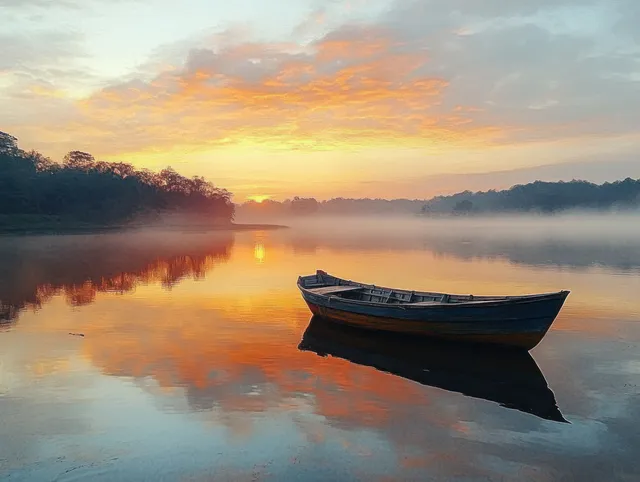 Tranquil Sunrise Over a Lakeside with a Wooden Boat at the Shore