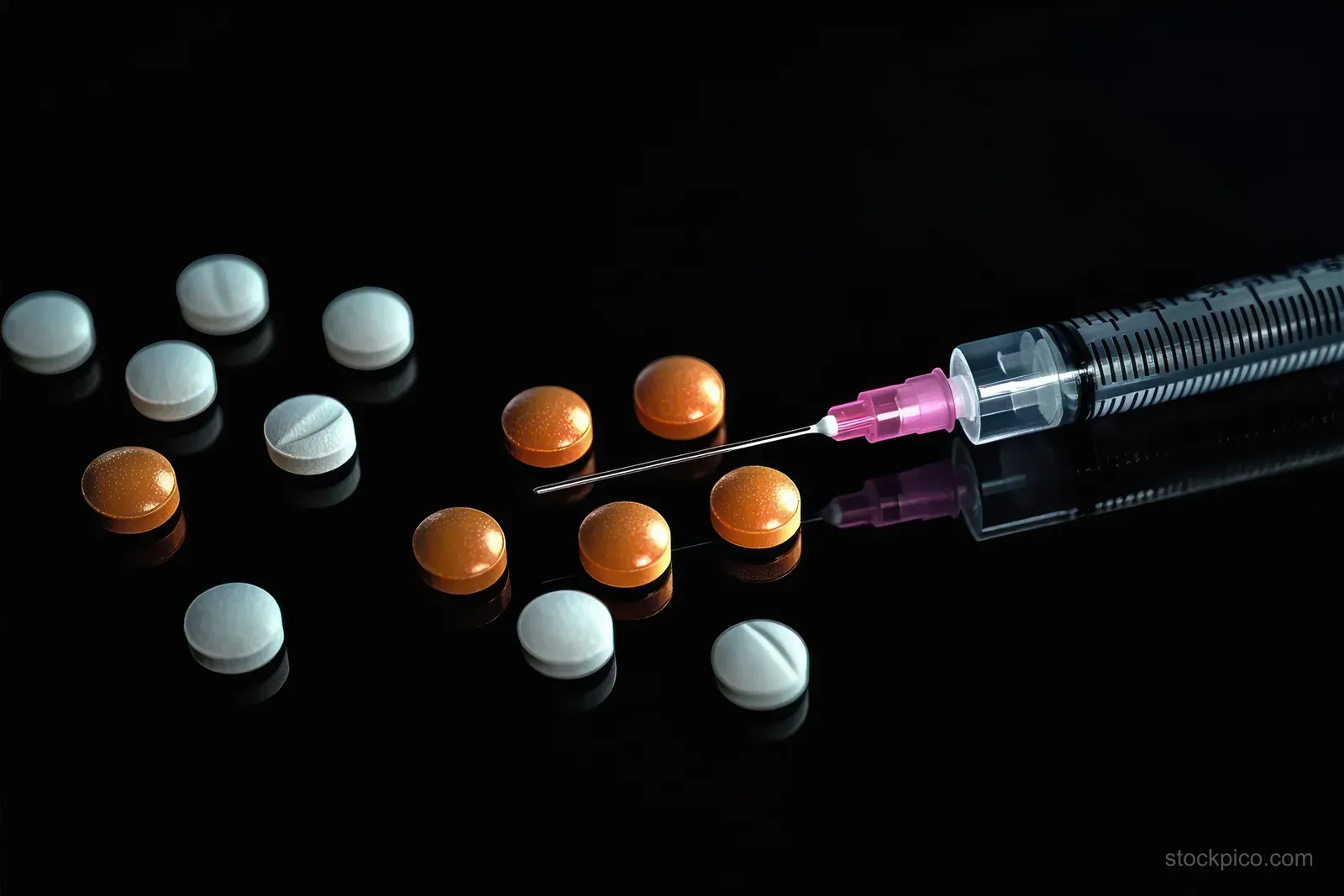 A syringe with pink needle cap lies next to scattered white and orange pills on a reflective black background.