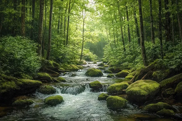 A mossy forest stream flows over green rocks beneath sunlit leaves and tall tree trunks.