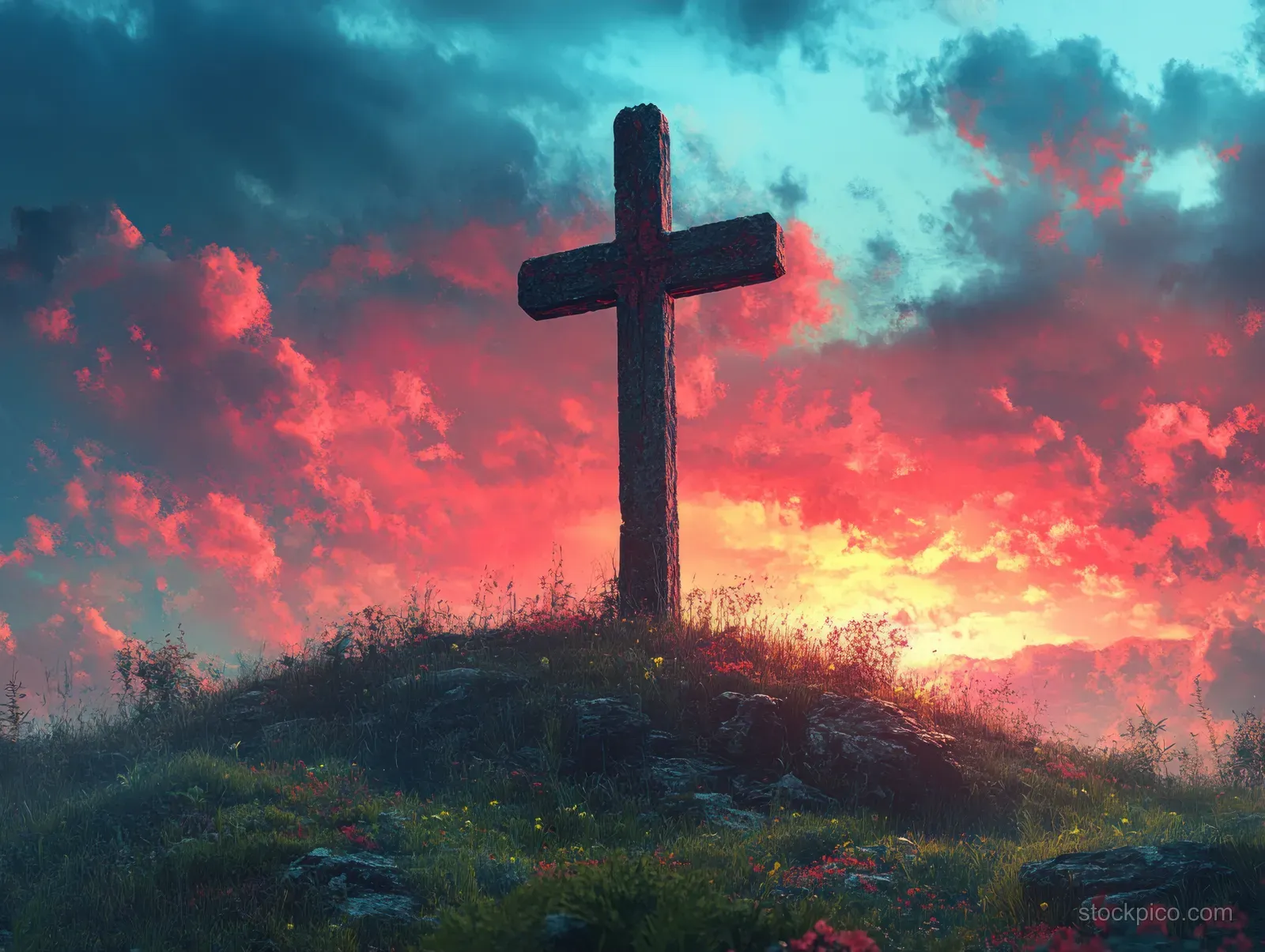 A silhouetted cross on a grassy hilltop against vivid sunset clouds over a calm landscape.