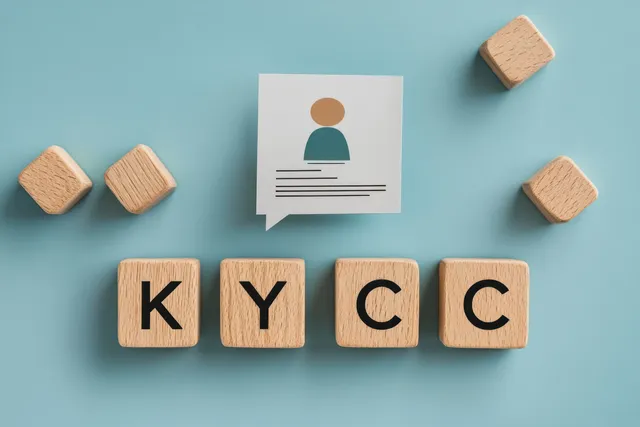 Wooden blocks spell KYCC next to a paper note showing a user icon on a pastel blue background.
