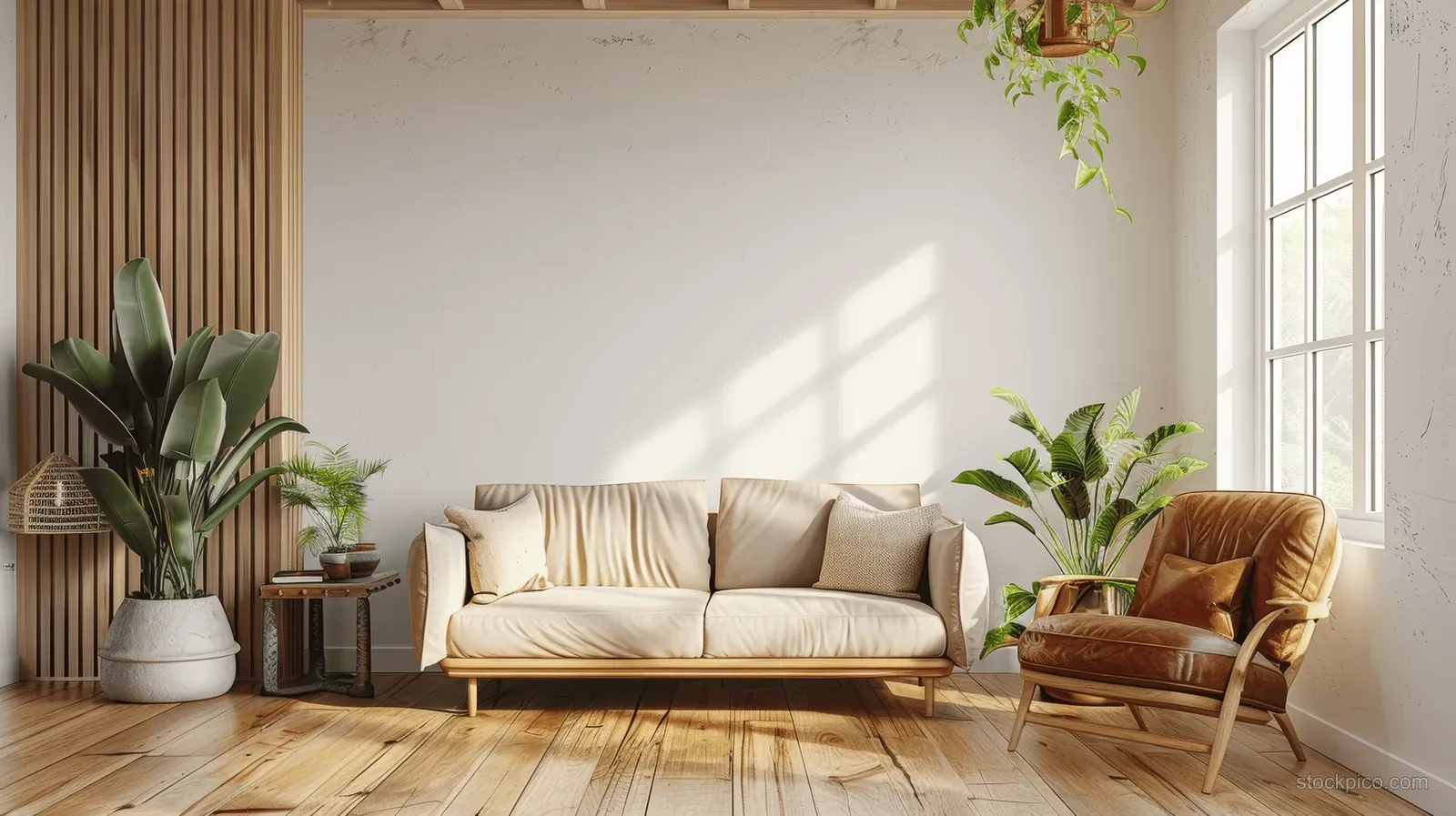 Beige sofa and leather armchairs in a Scandinavian living room, lit by sunlight from a tall window.