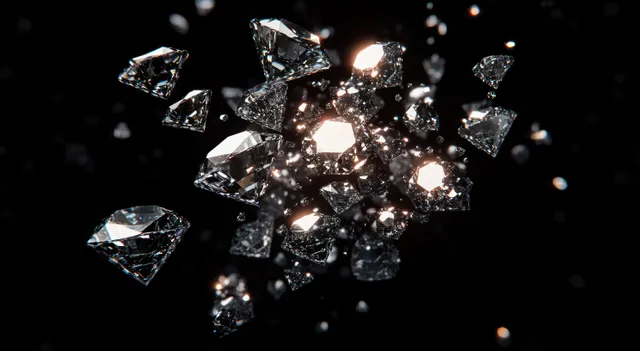 Sparkling diamond cluster floating on dark background with sharp faceted reflections and prismatic light