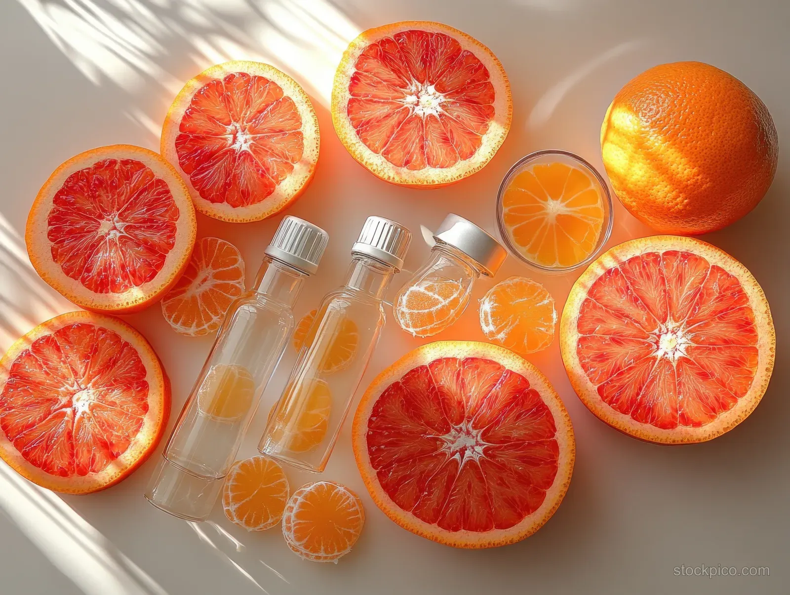 Orange slices and small clear vitamin C ampoules on a white background with citrus segments visible.