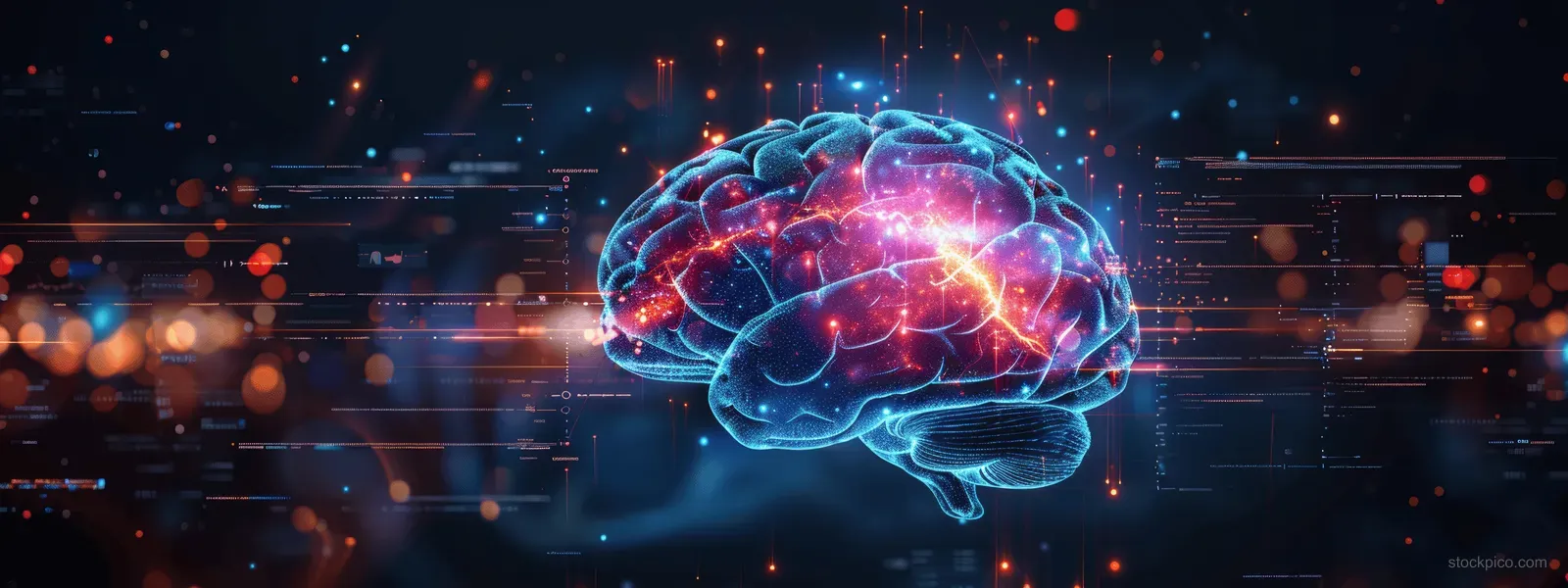 Holographic brain health diagnostic visualization with glowing neural pathways and floating data icons on a dark medical background.