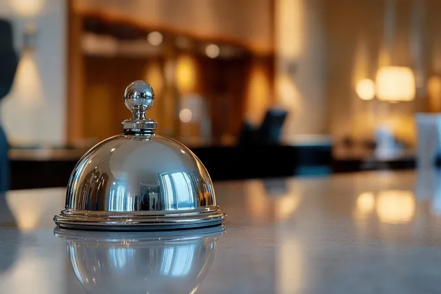 A chrome hotel reception bell sits on a marble counter in a warmly lit lobby with blurred background lights.