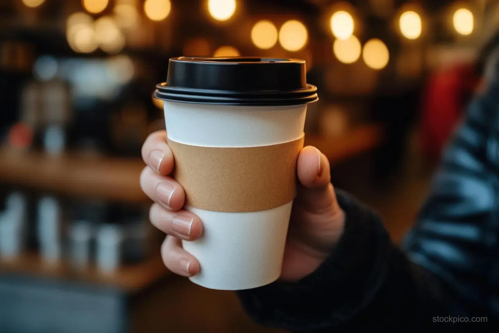 A hand holds a white disposable coffee cup with a black lid in a warmly lit cafe.