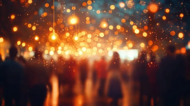 Sparkling office celebration with blurred people silhouettes under warm bokeh lights