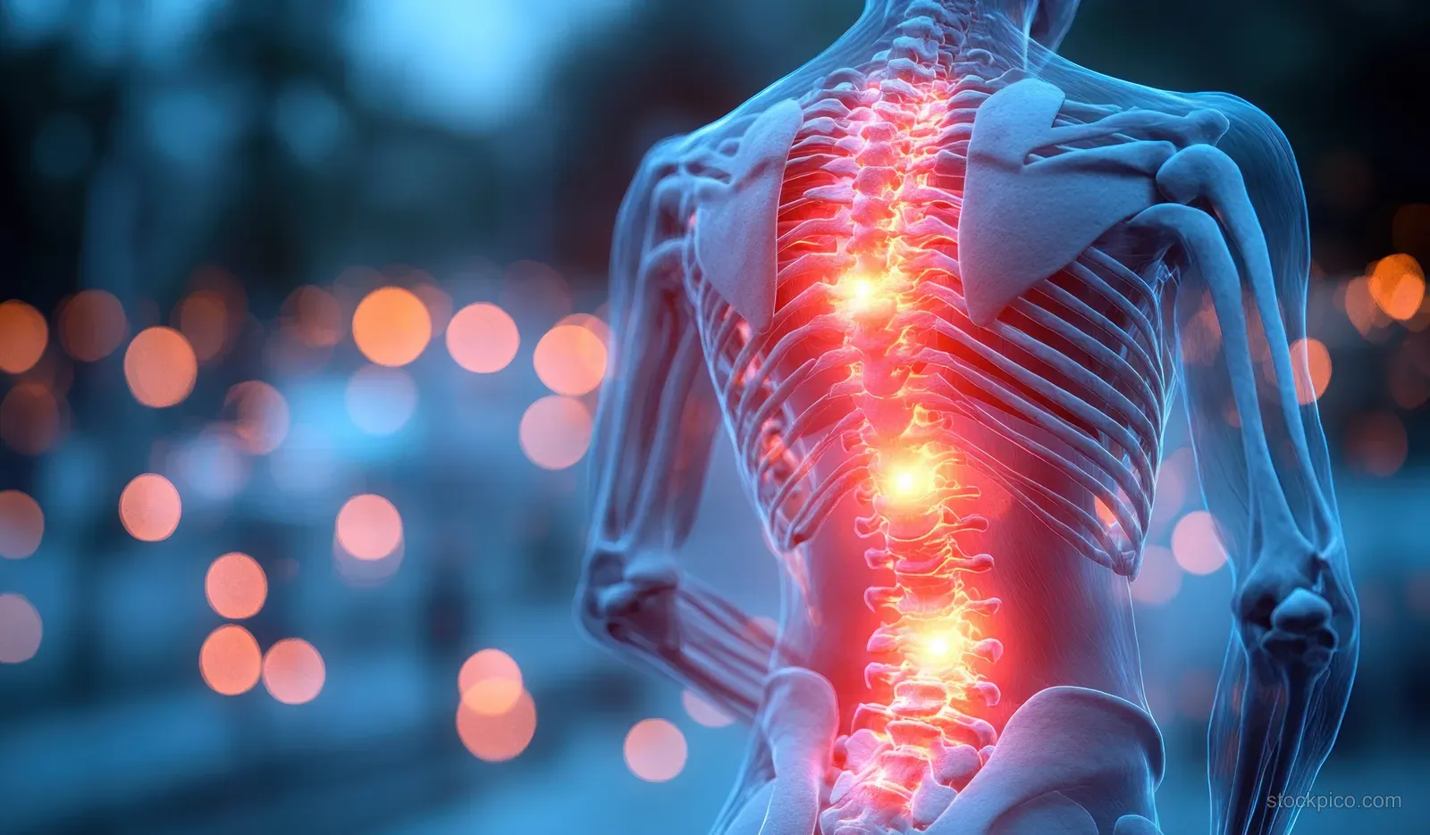 Medical illustration of a human skeleton showing glowing lumbar spine area for lower back pain.