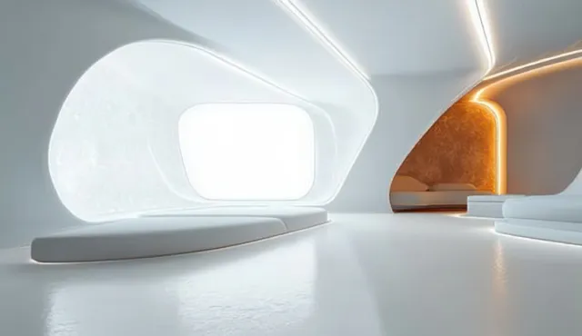 Minimalist futuristic corridor with glowing light strips, smooth white walls, and rounded arch openings.