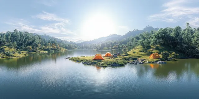 Sunrise Aerial Panorama of Sermo Lake, Yogyakarta with Colorful Lakeside Tents