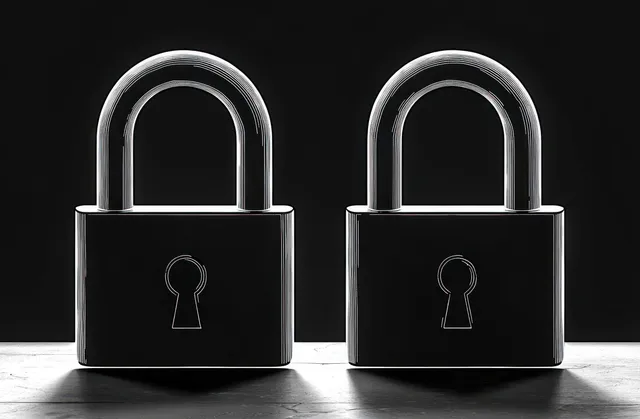 Two closed steel padlocks placed side by side on a flat surface with bright light rims against a dark background.