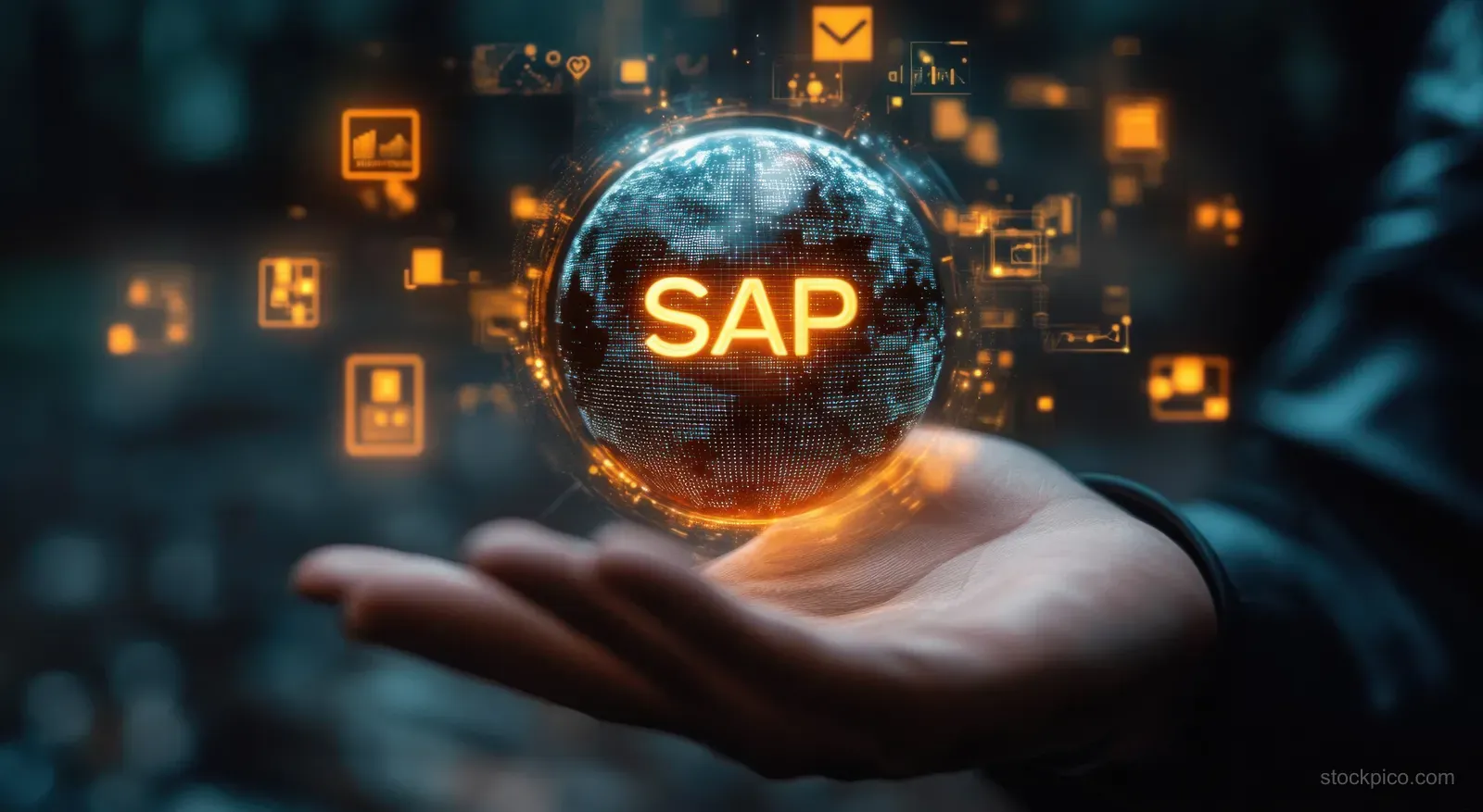Futuristic ERP concept showcasing a virtual globe and automation icons for global business management and data-driven analytics.