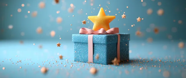 Open gift box on blue bokeh background with golden star and floating confetti