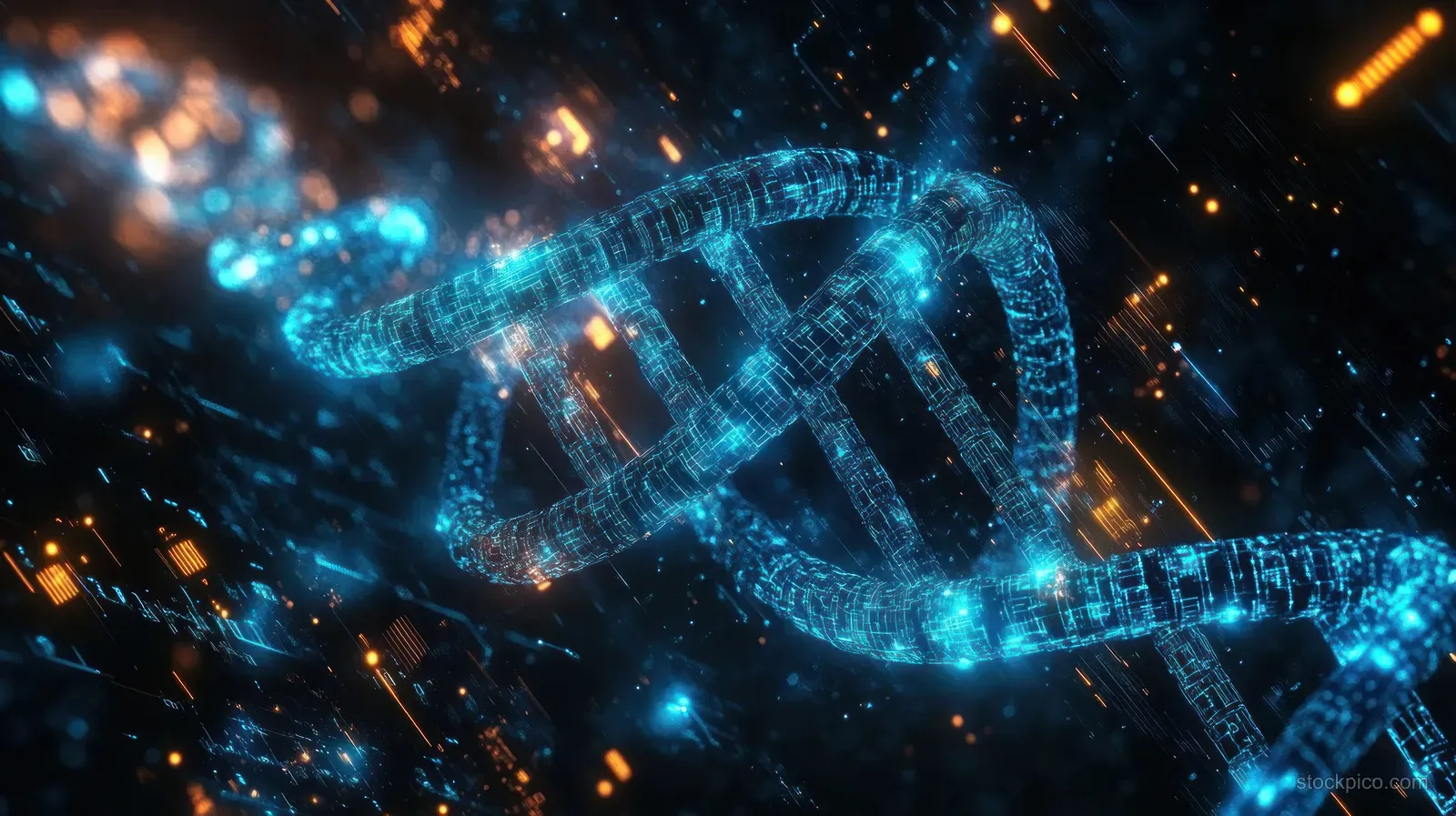 Neon blue DNA double helix floats within a cyberpunk circuit background with glowing data particles.
