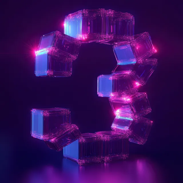 Translucent purple and blue cubes arranged in a glowing circular ring with neon reflections on a dark background.