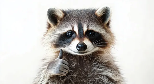 A close-up raccoon faces the camera and gives a thumbs-up gesture against a neutral background.