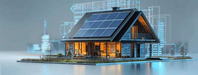 Futuristic smart home with solar rooftop panels and holographic energy data floating over a blue-gray background.