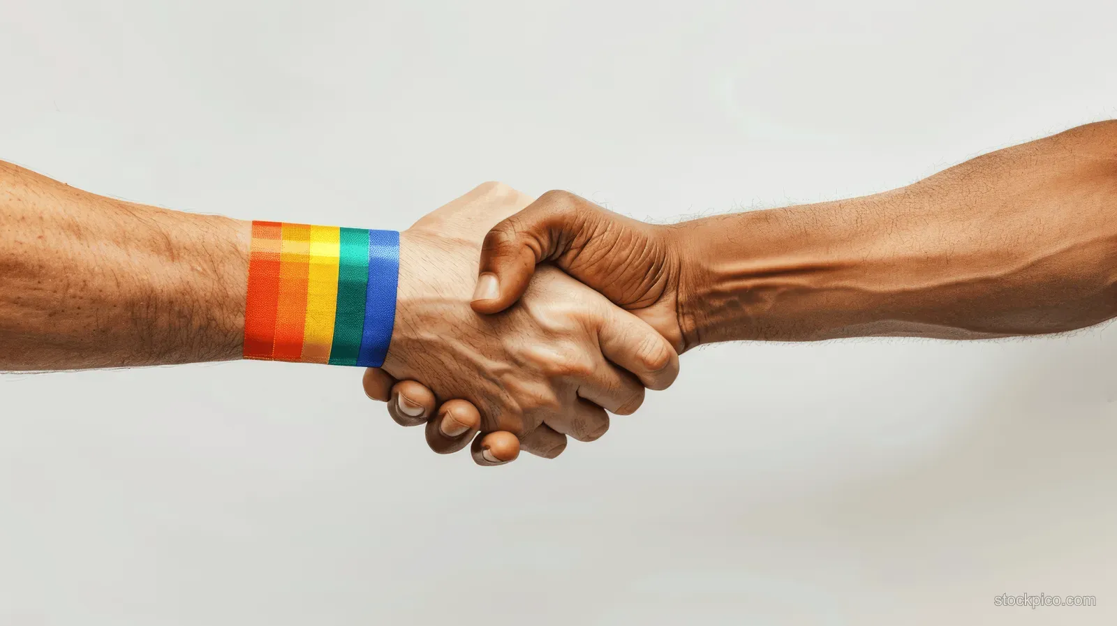 Two hands shake, with one wrist wearing a rainbow pride band.