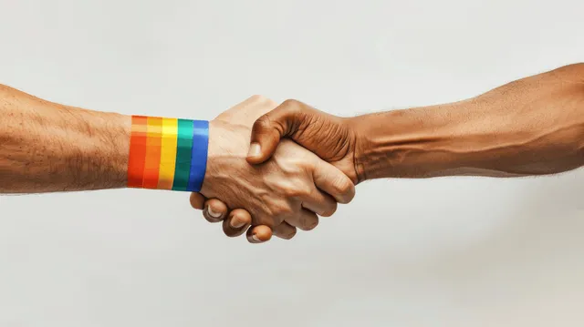 Two hands shake, with one wrist wearing a rainbow pride band.