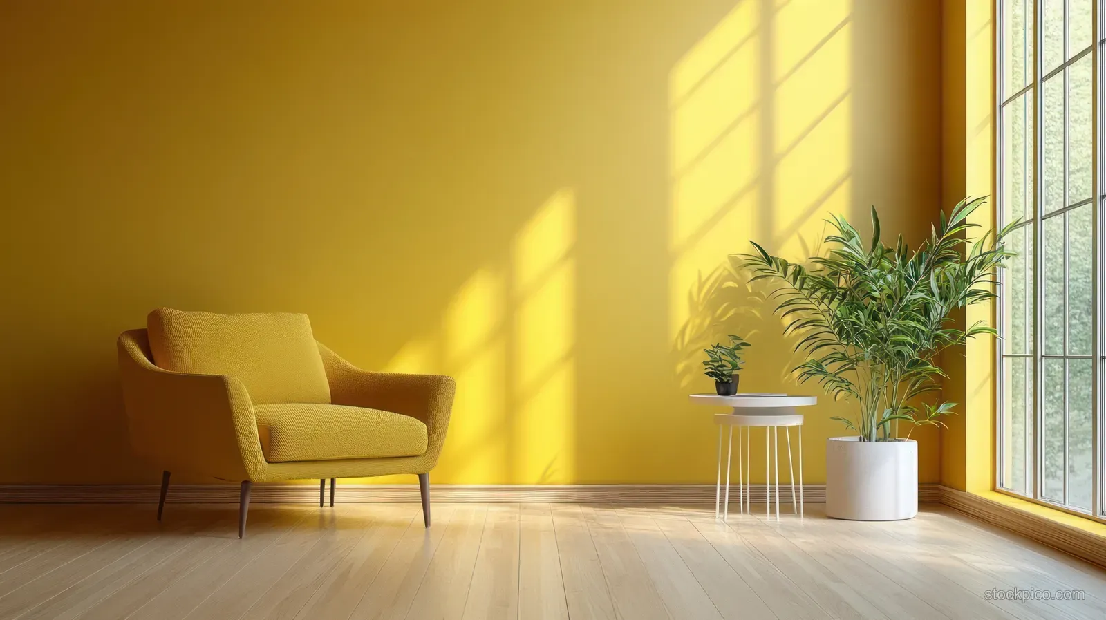 Mustard armchair placed beside a yellow wall with a potted plant near a sunlit window and wooden floor.