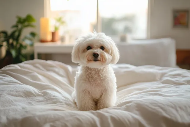 Fluffy white dog sitting on a neatly made bed in a softly lit bedroom