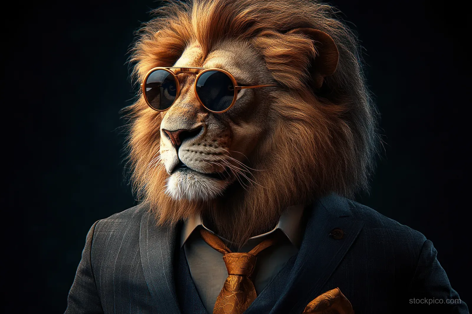 A lion in a tailored suit and round sunglasses poses for a studio portrait against a dark background.