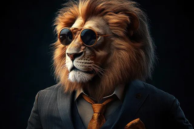A lion in a tailored suit and round sunglasses poses for a studio portrait against a dark background.