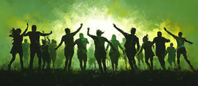 Silhouetted soccer fans celebrate victory with cheers in a vibrant, energetic stadium scene illuminated by bold green light.