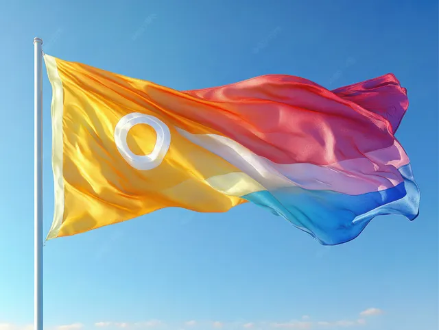 An intersex-inclusive pride progress flag waves on a pole against a clear blue sky.