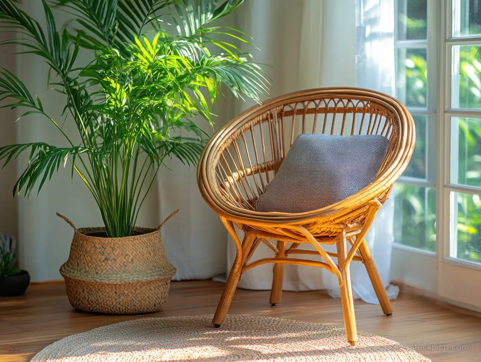 Rattan chair with a blue cushion sits on a rug beside a woven basket with a palm plant in a sunlit beige room.