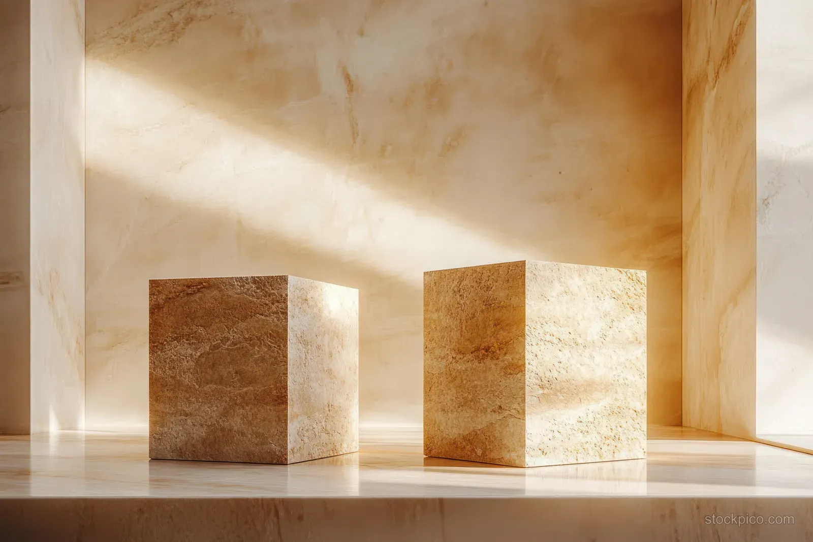 Two textured stone cubes placed on a polished floor, lit by warm sunlight with visible shadows.