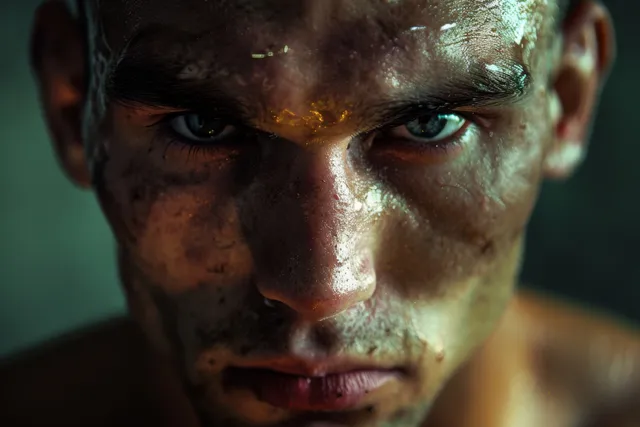 A determined boxer with face paint stares intensely in a smoky green training environment.