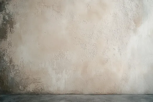 Empty corner with a rough beige plaster wall texture and gray concrete floor.