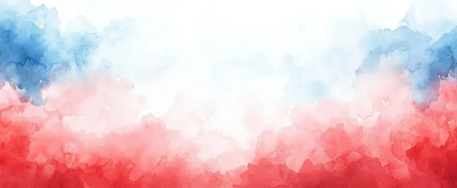 Faded red, white, and blue watercolor clouds fill the frame with a pale blank center for text.