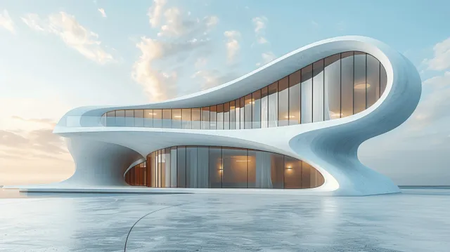 Curved futuristic building with glowing interior windows and glass facade along a calm waterfront.