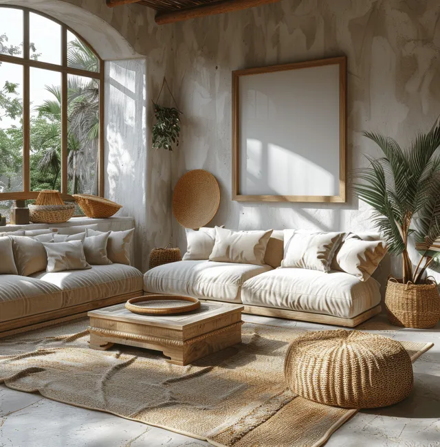 Modern boho living room 3D scene with beige sofa and wooden frame mockup on wall