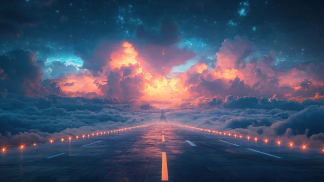 Empty airport runway stretching into a starry night beneath dramatic glowing clouds