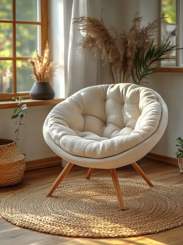 Cream rounded upholstered chair in a minimalist living room beside a sunlit window and woven rug.