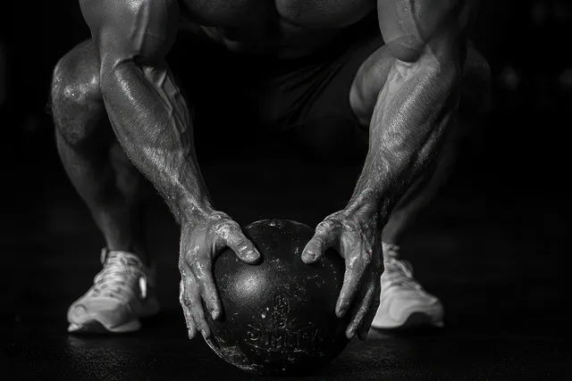 Athlete crouches in a squat position gripping a heavy medicine ball in a dark monochrome gym.