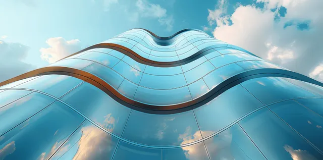 Futuristic curved glass skyscraper facade in low-angle view under blue sky