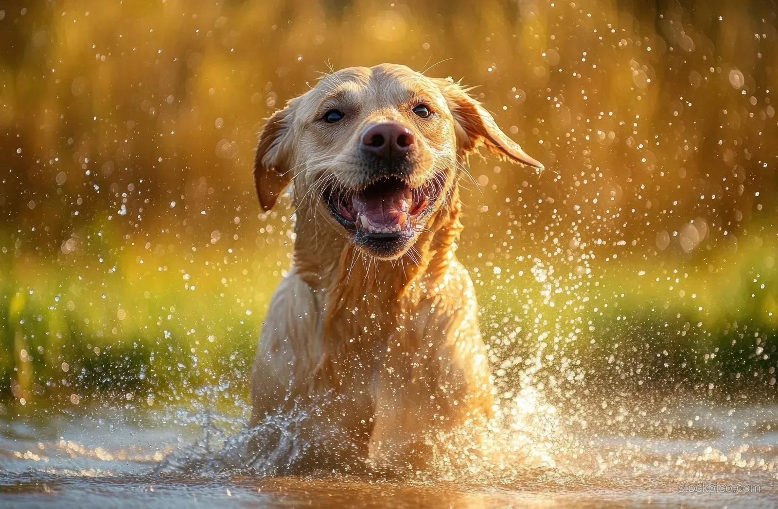 A golden retriever splashes through shallow pond water, smiling with droplets flying in warm sunlight.